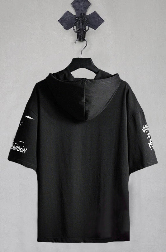 Men’s Casual Cotton Printed Hoodie – Black Slim Fit, Round Neck, Long Sleeve Sweatshirt