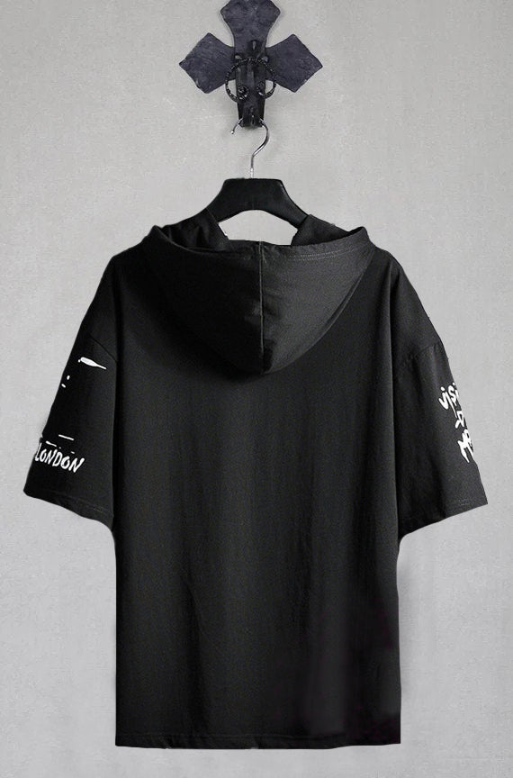 Men’s Casual Cotton Printed Hoodie – Black Slim Fit, Round Neck, Long Sleeve Sweatshirt