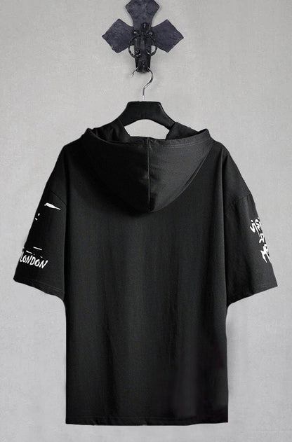 Men’s Casual Cotton Printed Hoodie – Black Slim Fit, Round Neck, Long Sleeve Sweatshirt