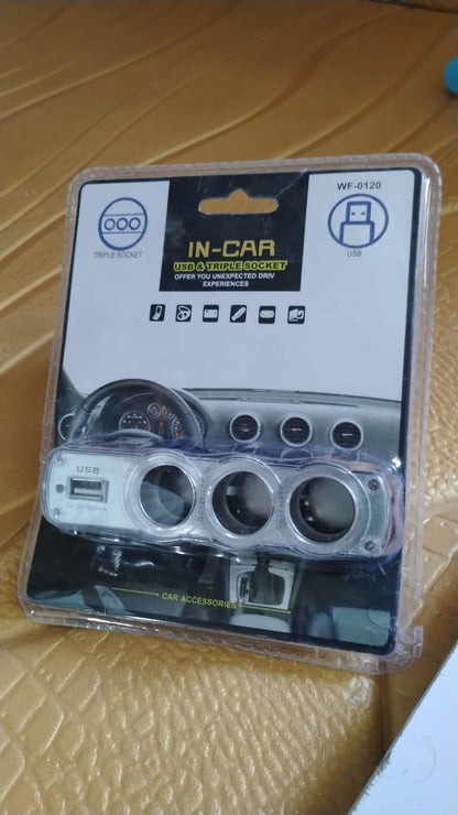 Triple 3 Way Car 12v Lighter Socket Splitter Usb Charger Power Adapter